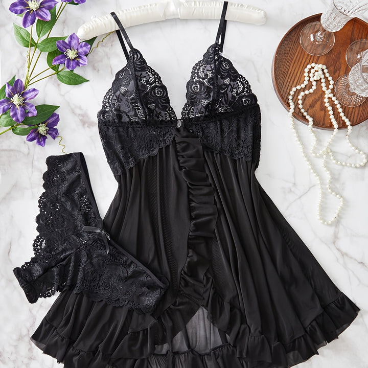 Lucia – Lace Front-Slit Chemise & Slip Set